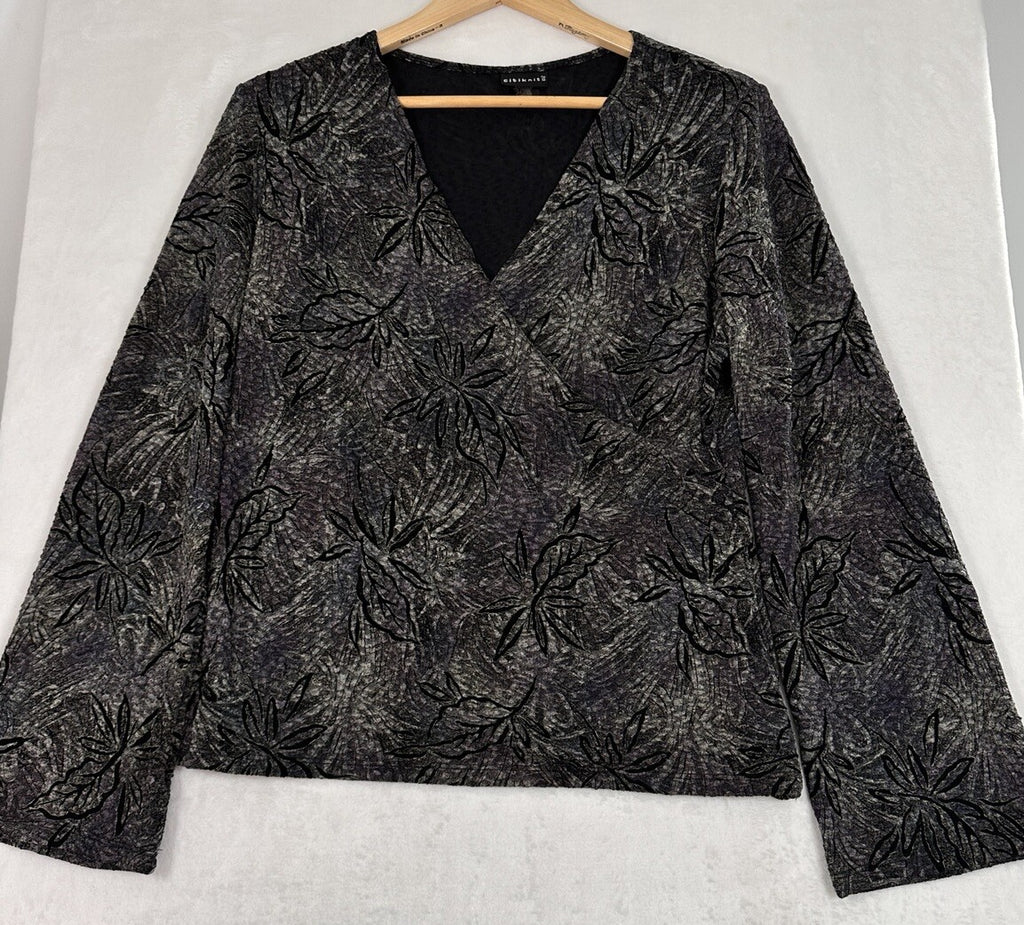 Citiknits Medium Faux Wrap Top Black Floral Print Womens Long Sleeve Blouse