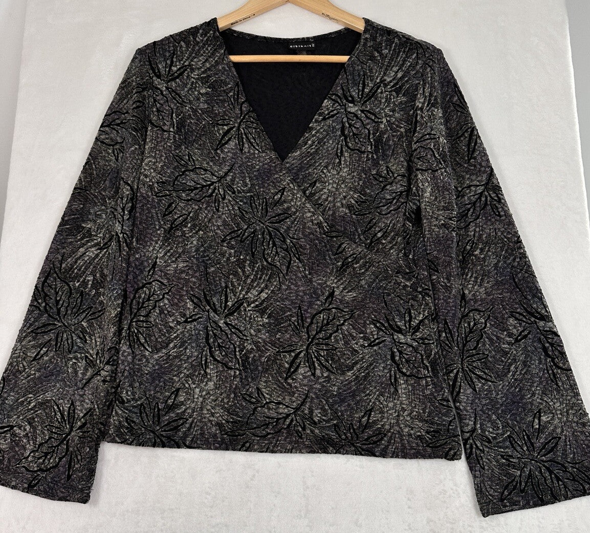 Citiknits Medium Faux Wrap Top Black Floral Print Womens Long Sleeve Blouse