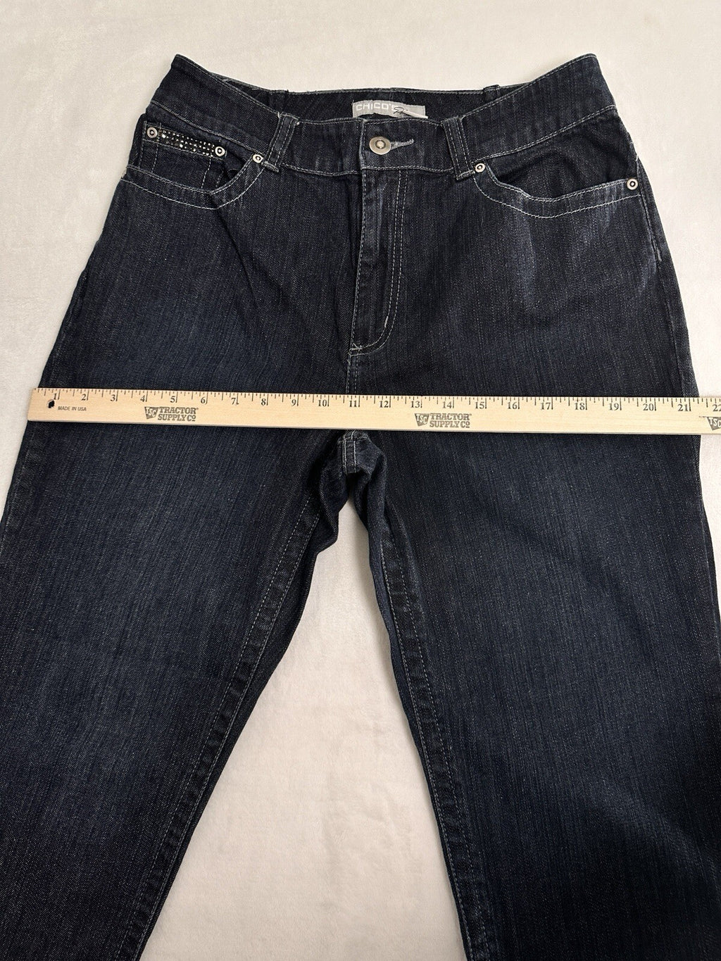 Chicos Size 2 Platinum Jeans Crop Dark Blue Rhinestones Embellished Womens 12