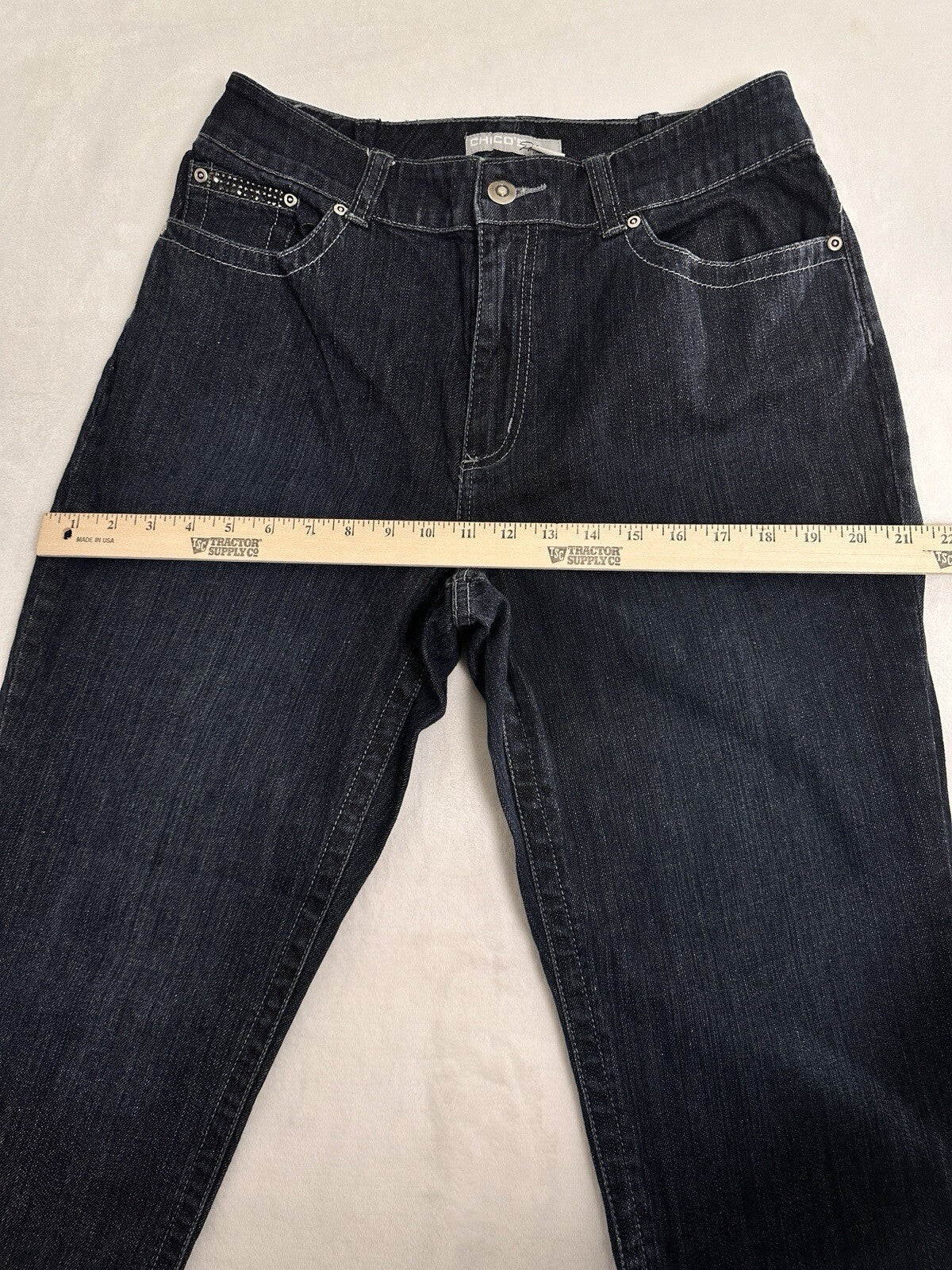 Chicos Size 2 Platinum Jeans Crop Dark Blue Rhinestones Embellished Womens 12