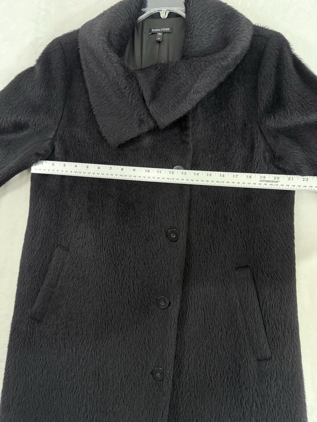 Eileen Fisher Medium Black Suri Alpaca High Collar Longline Long Coat Jacket