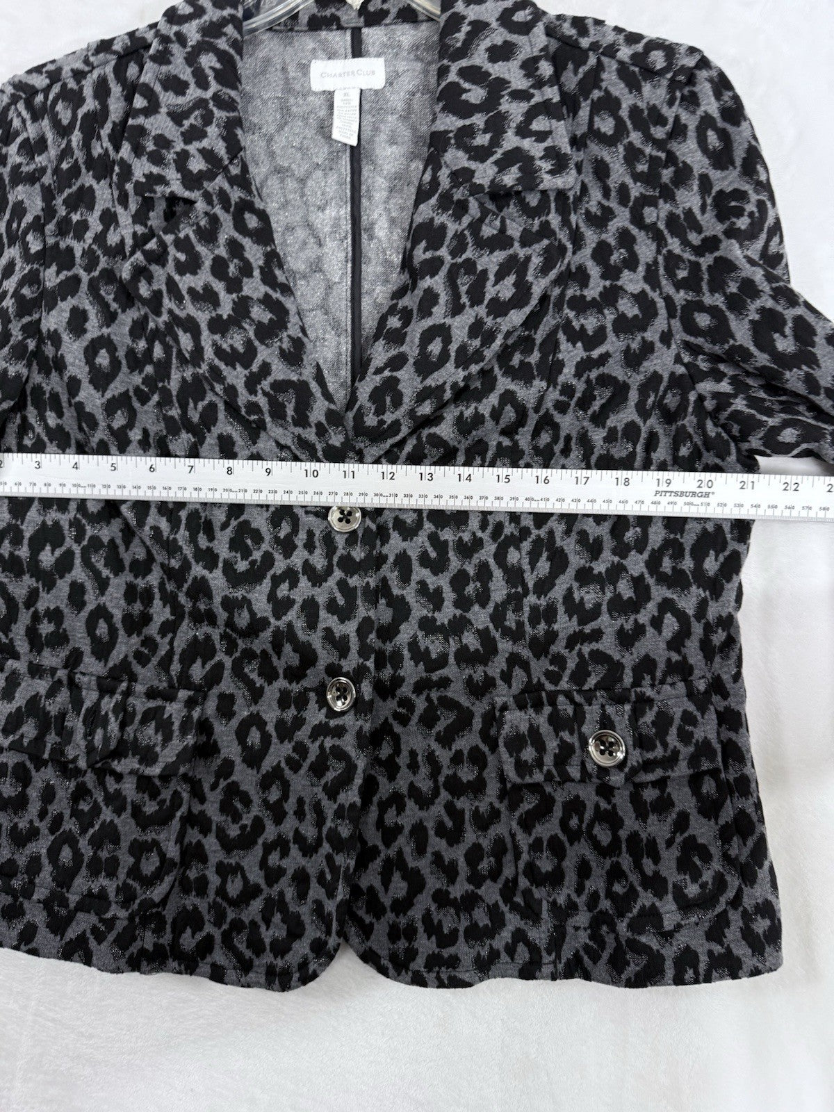 Charter Club Jacket XL Blazer Black Gray Animal Cheetah Print Knit Womens