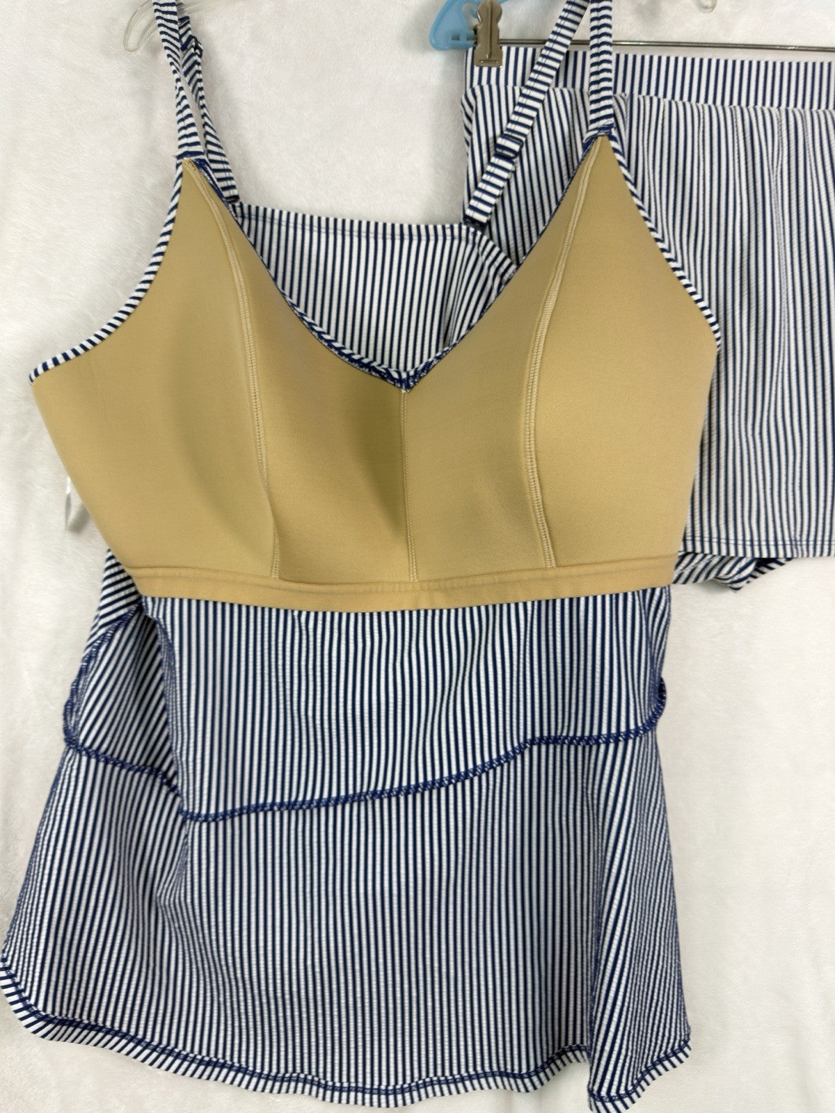 Cacique Swim 28 Tankini Seersucker Blue Striped Top Bottom Swimwear Set Women