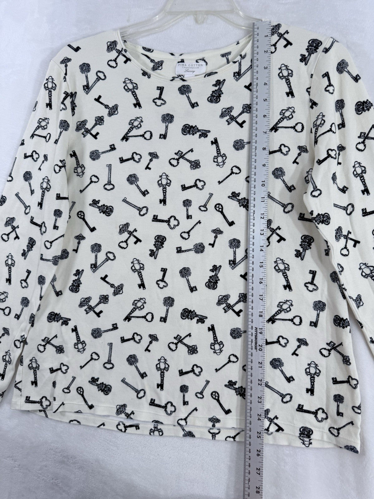 Charter Club Luxury XL Pima Cotton Top Black White Key Print Womens Knit Tops