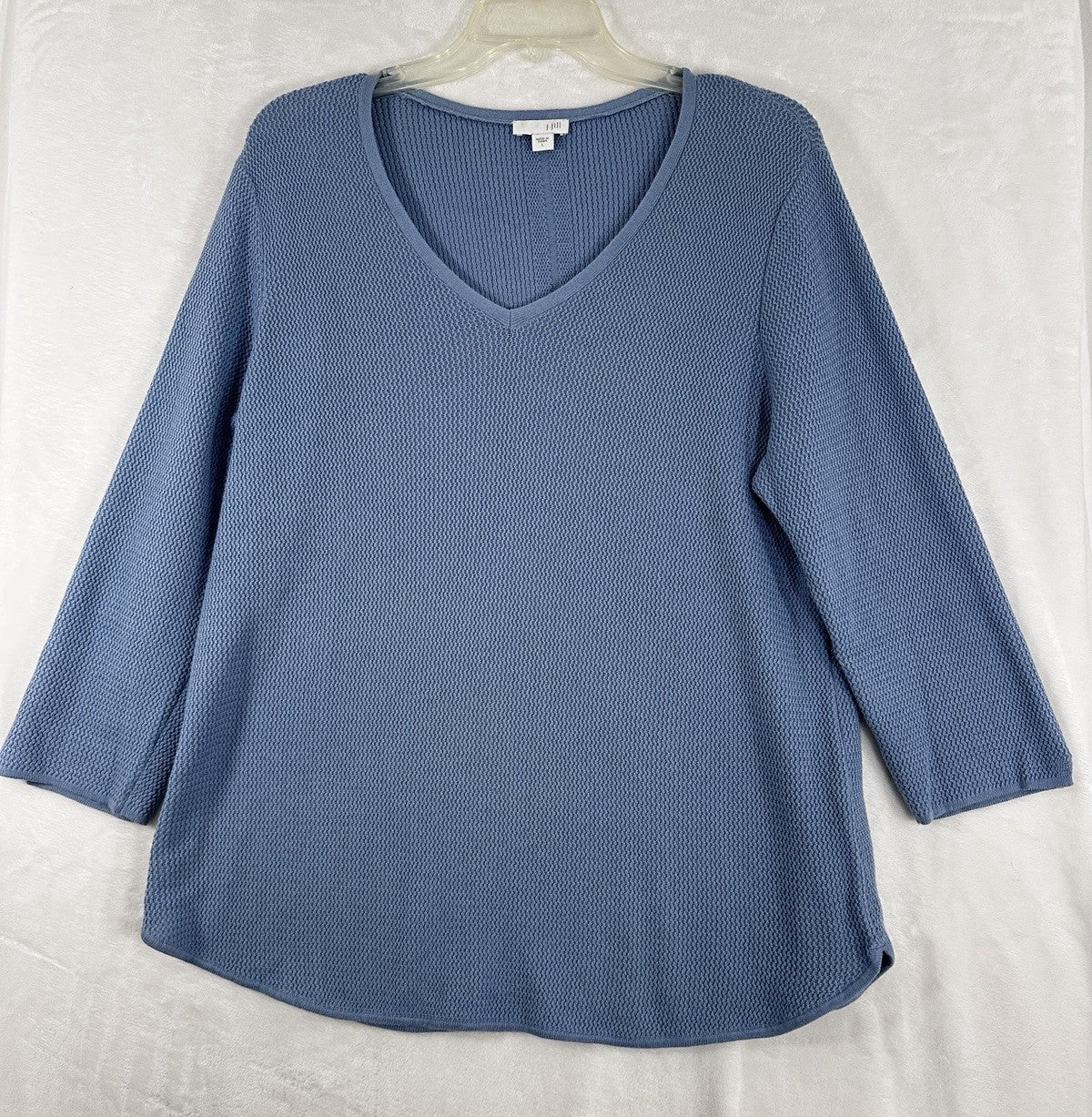 J Jill Sweater Large Blue V Neck Lightweight 3/4 Sleeve Womens Cotton Blend