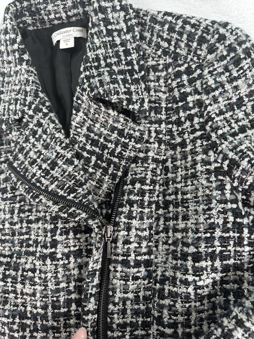 Coldwater Creek Mohair Wool Blend Moto Jacket 8 Black Gray Tweed Blazer Womens
