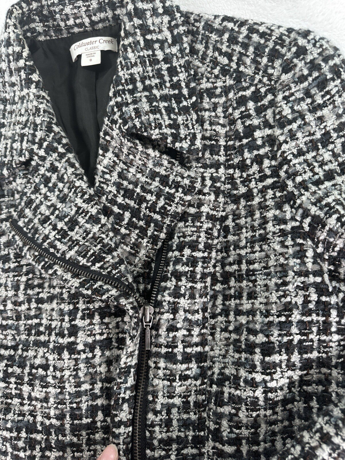 Coldwater Creek Mohair Wool Blend Moto Jacket 8 Black Gray Tweed Blazer Womens
