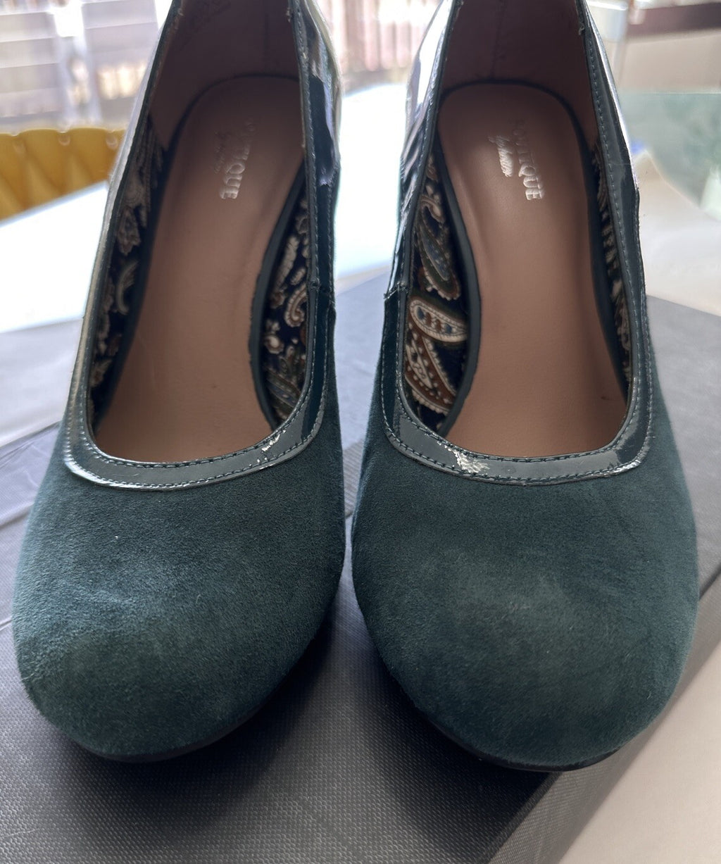 Hotter Shoes Womens US Size 9 Heels Green Suede Patent Leather Pumps UK 7