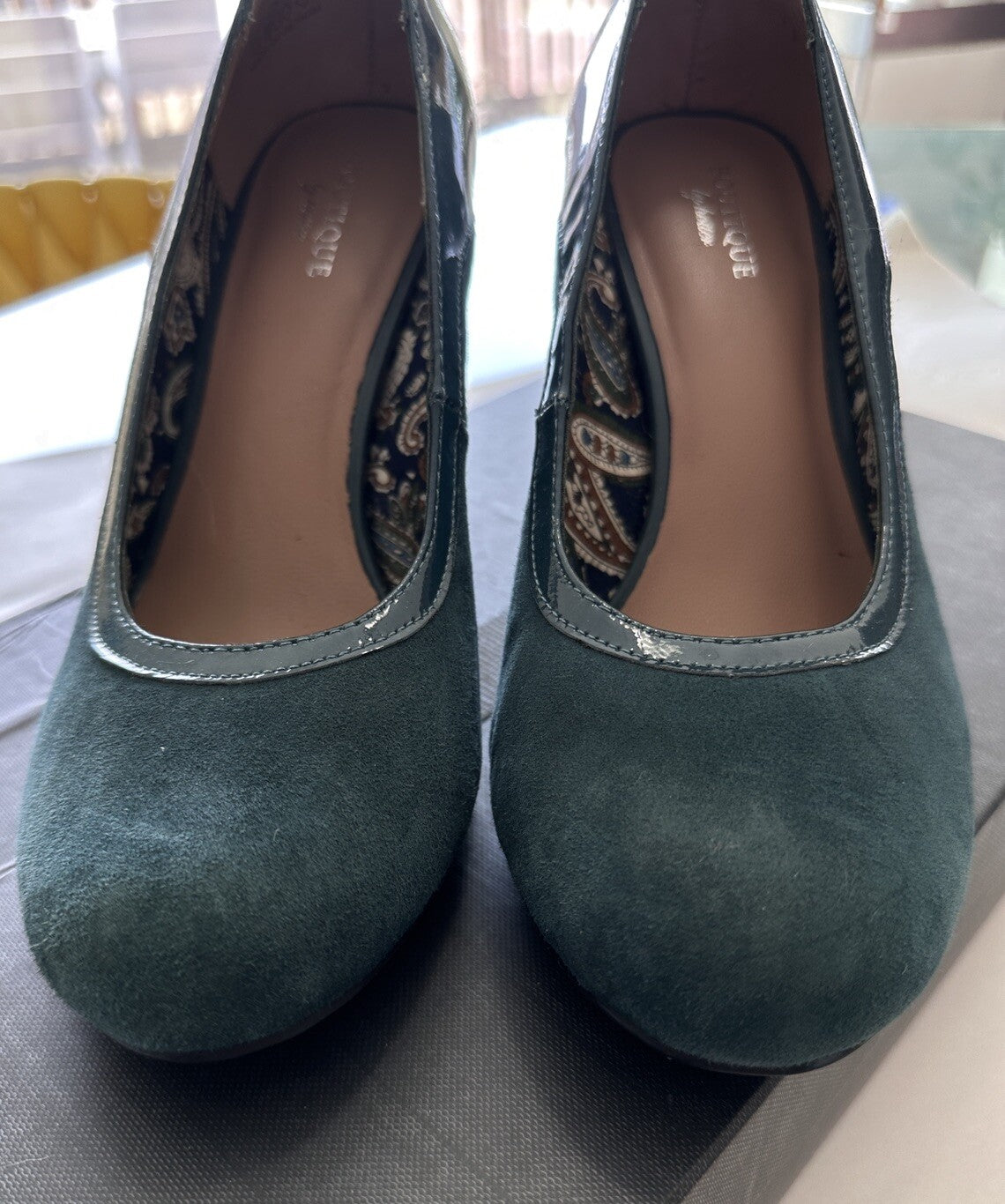 Hotter Shoes Womens US Size 9 Heels Green Suede Patent Leather Pumps UK 7