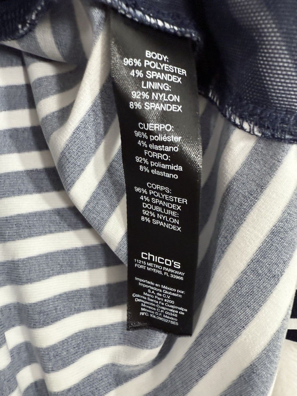 Chicos Travelers Tops Size 2 Large Navy Blue Striped Asymmetrical  3/4 Sleeve