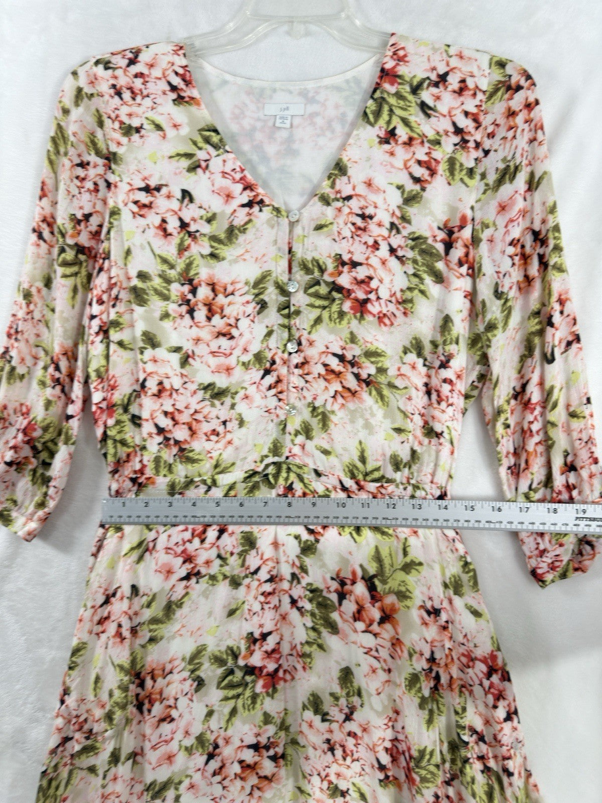 J Jill Midi Dress Medium Petite Pebble Hydrangea Boho Floral Pink Lightweight