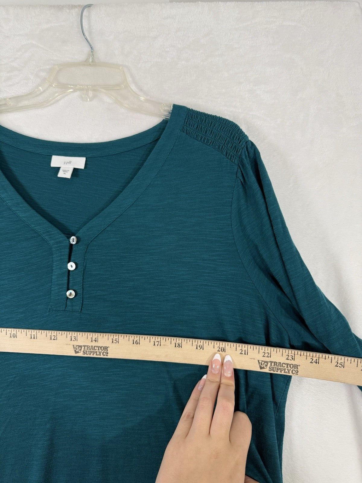 J Jill Top XL Smocked Long Sleeve Henley Tops Teal Green Womens Blouse