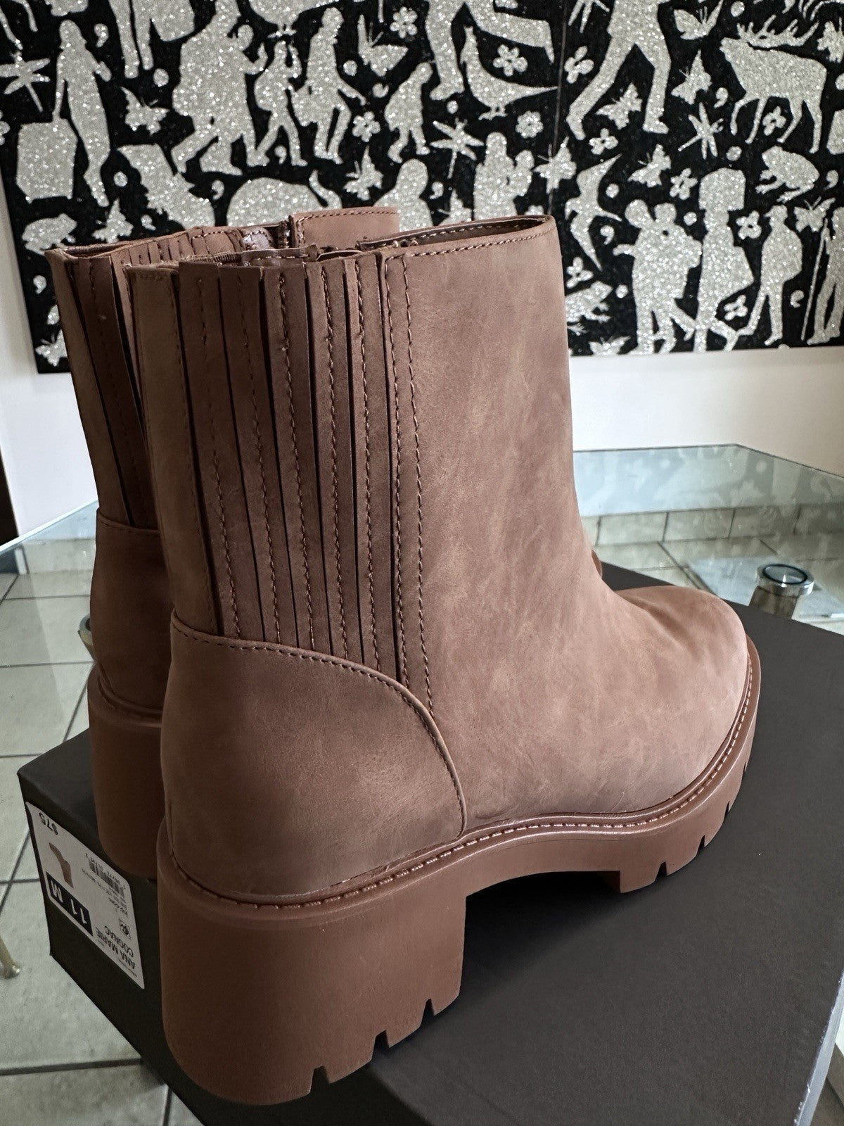 ANA Block Heel Booties 12 Womens Marie Cognac Brown Faux Suede Thick Sole Boots