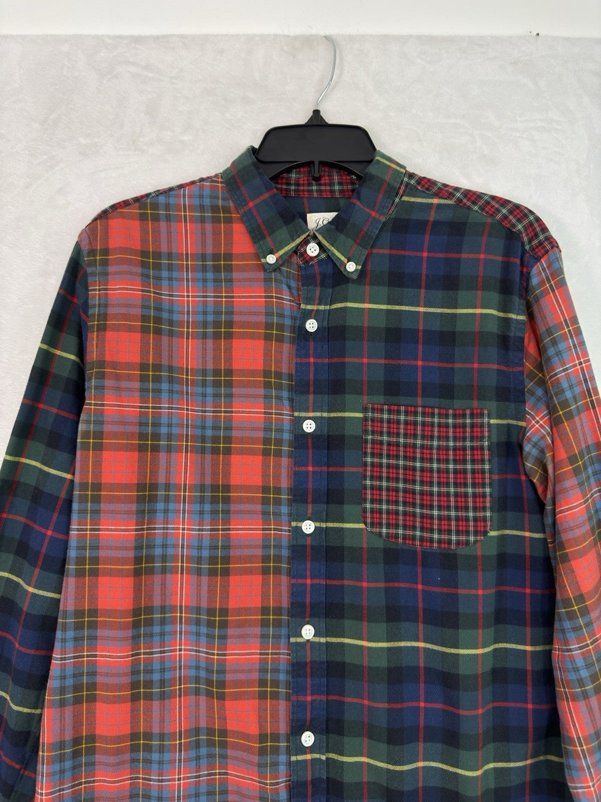 J Crew Flannel Shirt Medium Men’s Red Blue Green Plaid Patchwork Button Down