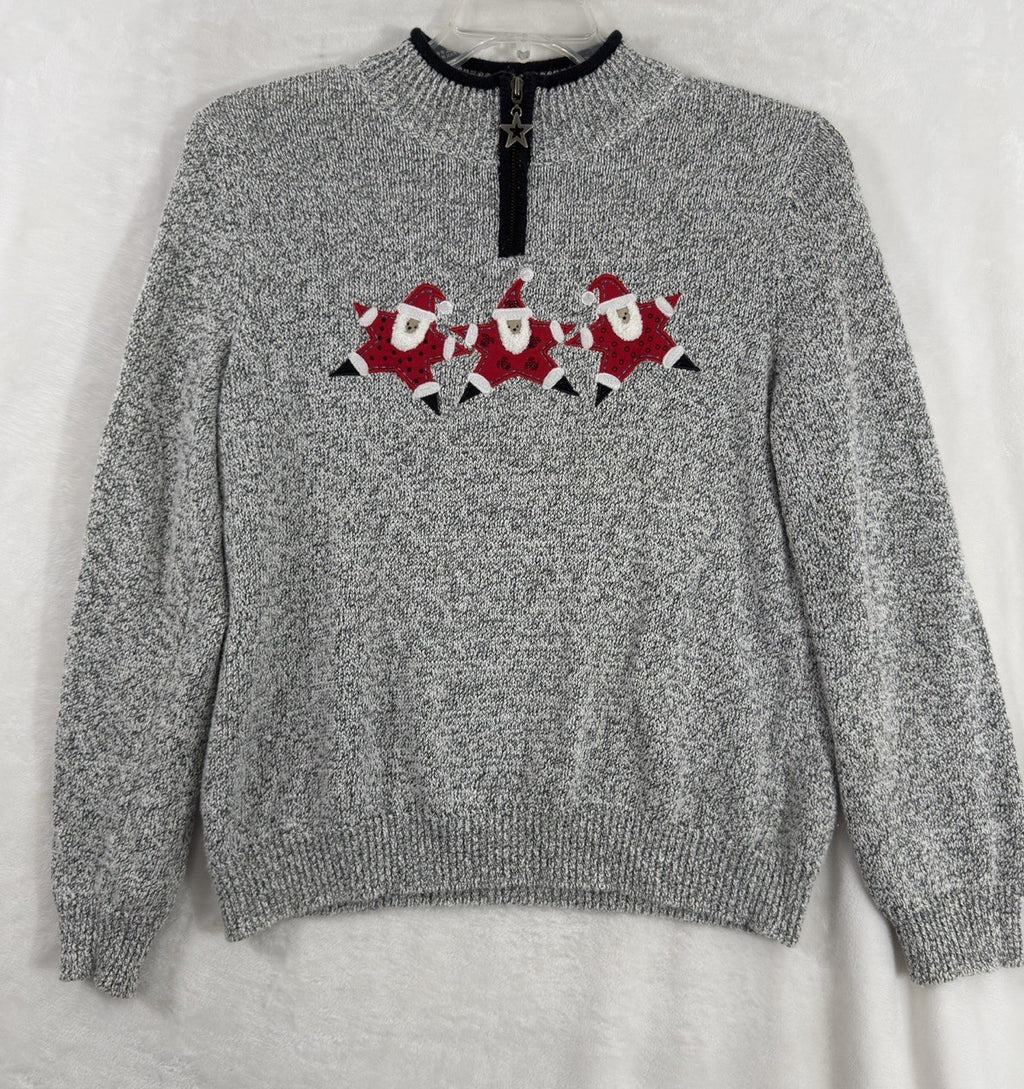 Christopher Banks Medium Christmas Sweater Santa Holiday Gray 1/4 Zip Tops Women