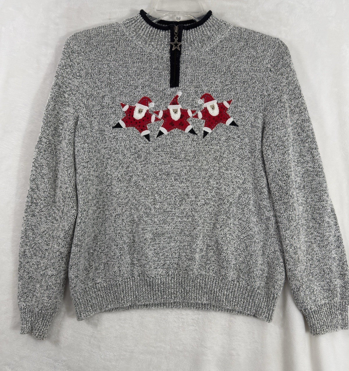 Christopher Banks Medium Christmas Sweater Santa Holiday Gray 1/4 Zip Tops Women