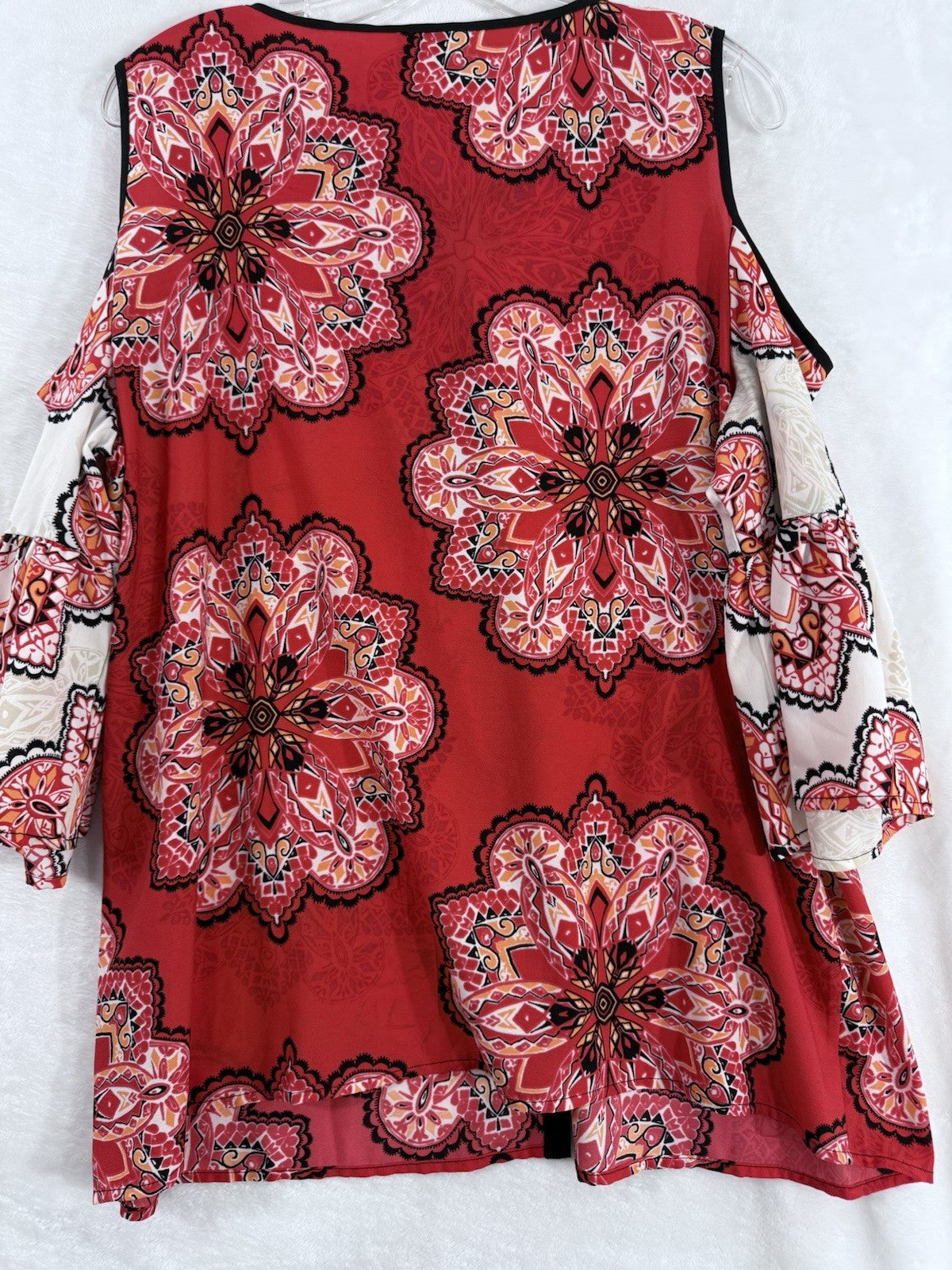 Chicos Size 2 Large Top Cold Shoulder Red Floral Print Blouse Womens