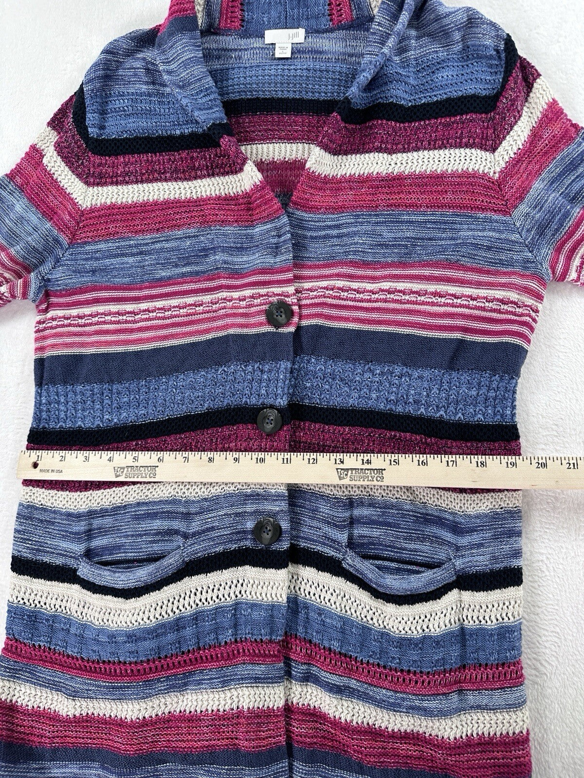 J Jill Large Petite Open Knit Cardigan Sweater Long Blue Linen Cotton Buttons
