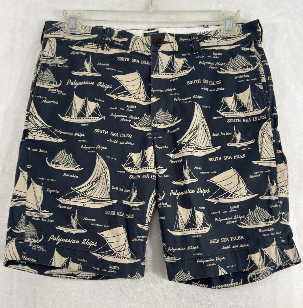 J Crew Stanton Shorts Men’s 32 Blue Nautical Print 9” Inseam 100% Cotton Chino
