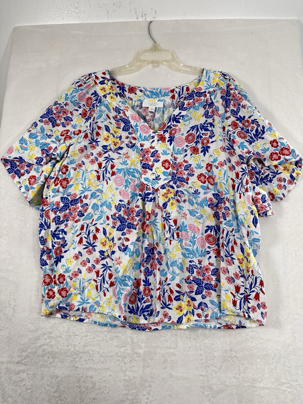 Charter Club Luxury 100% Linen Top Large Floral Print Blouse Short Sleeve