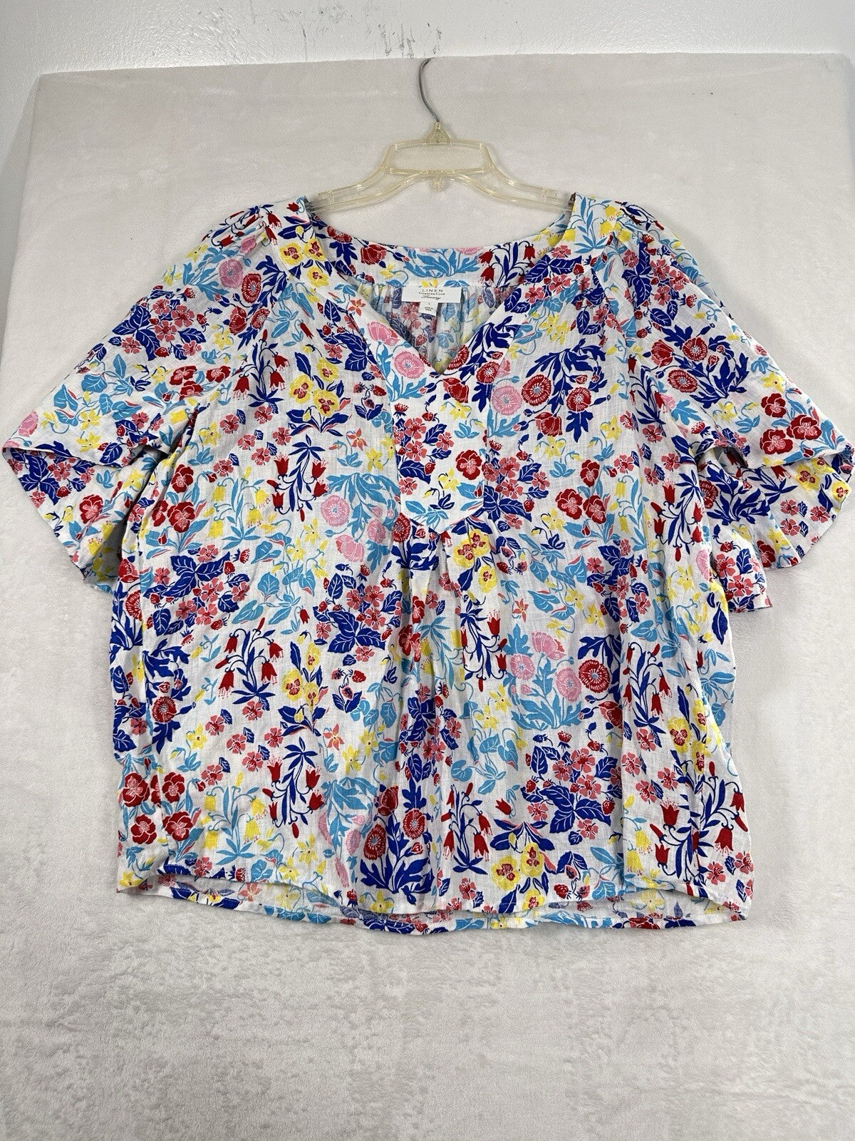 Charter Club Luxury 100% Linen Top Large Floral Print Blouse Short Sleeve