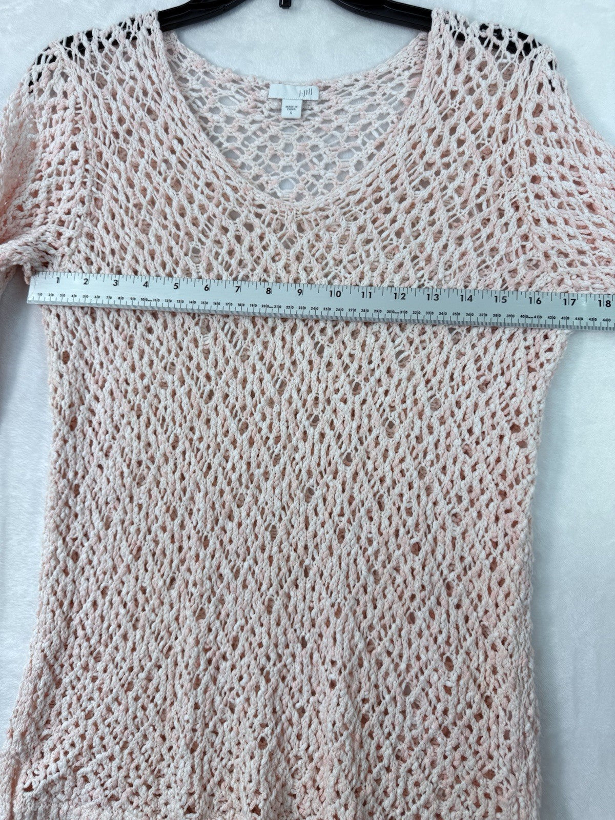 J Jill Small Pink Open Knit Sweater Crochet 100% Cotton 3/4 Sleeve Womens