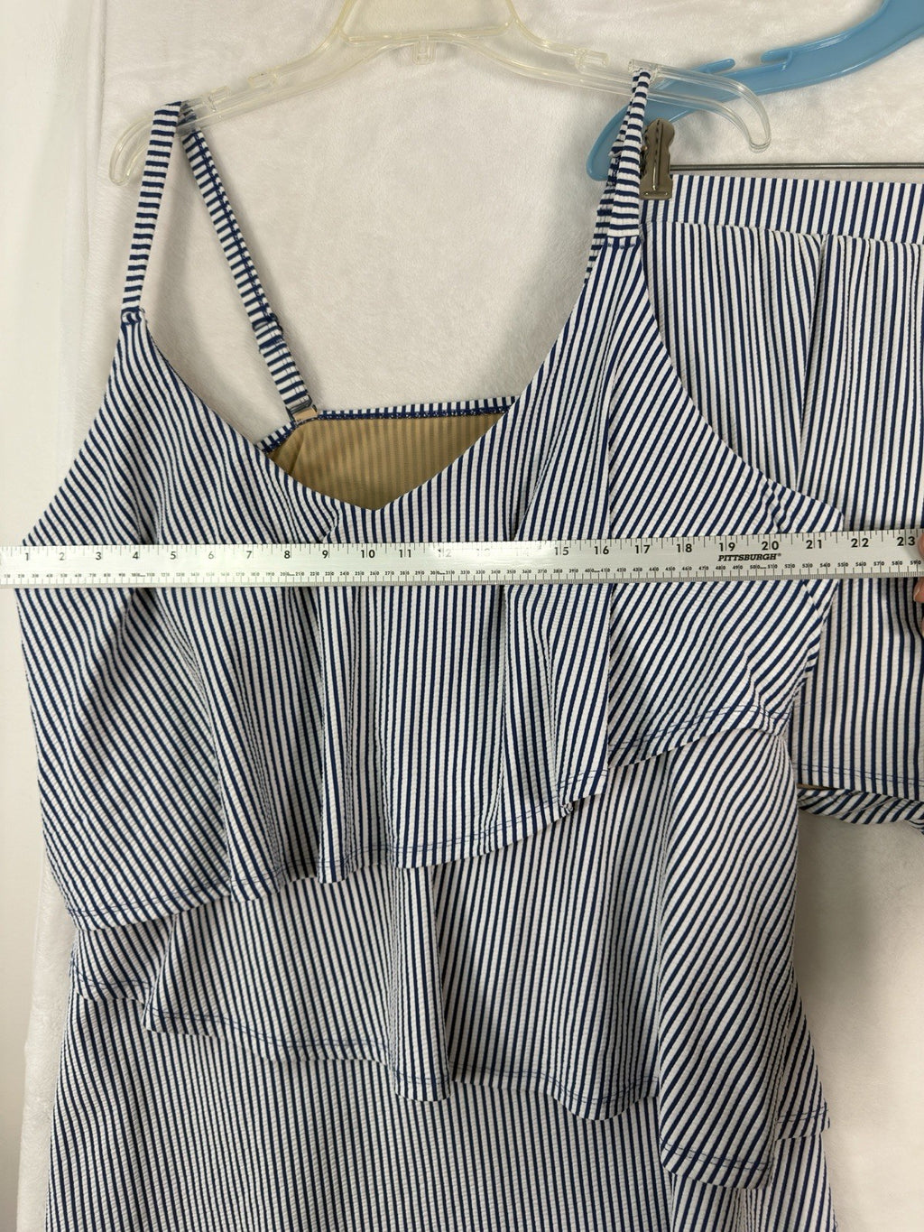 Cacique Swim 28 Tankini Seersucker Blue Striped Top Bottom Swimwear Set Women