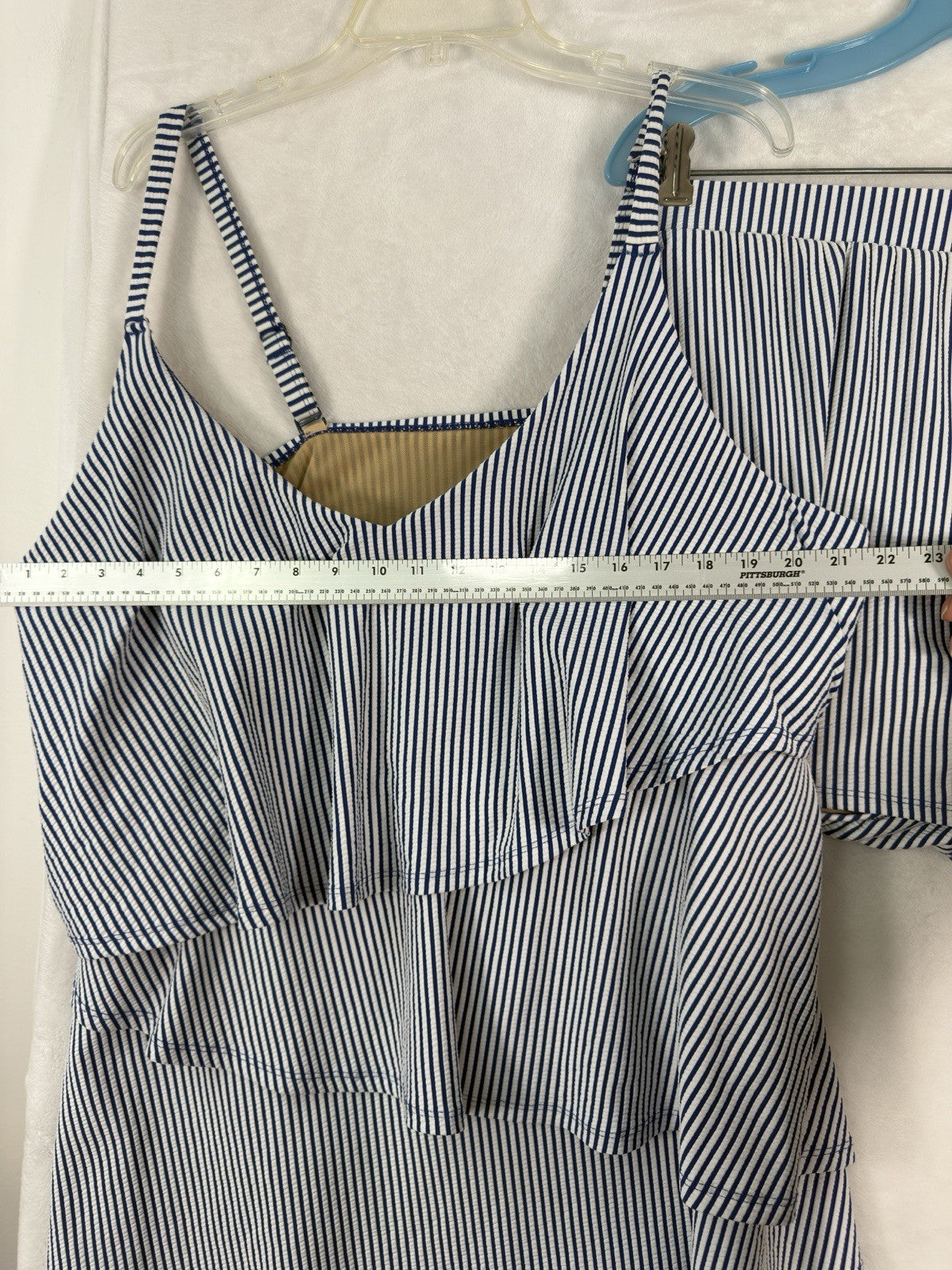 Cacique Swim 28 Tankini Seersucker Blue Striped Top Bottom Swimwear Set Women