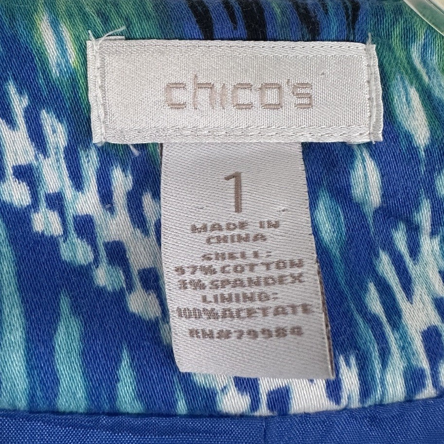 Chicos Size 1 Jacket Medium Blue Green 3/4 Sleeve Chevron Blazer Cotton Stretch
