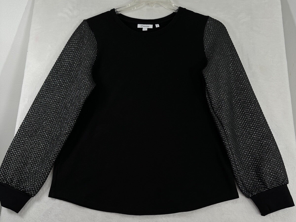Chicos Size 1 Tops Medium Foil Sleeve Sweatshirt Black Top Womens Crewneck