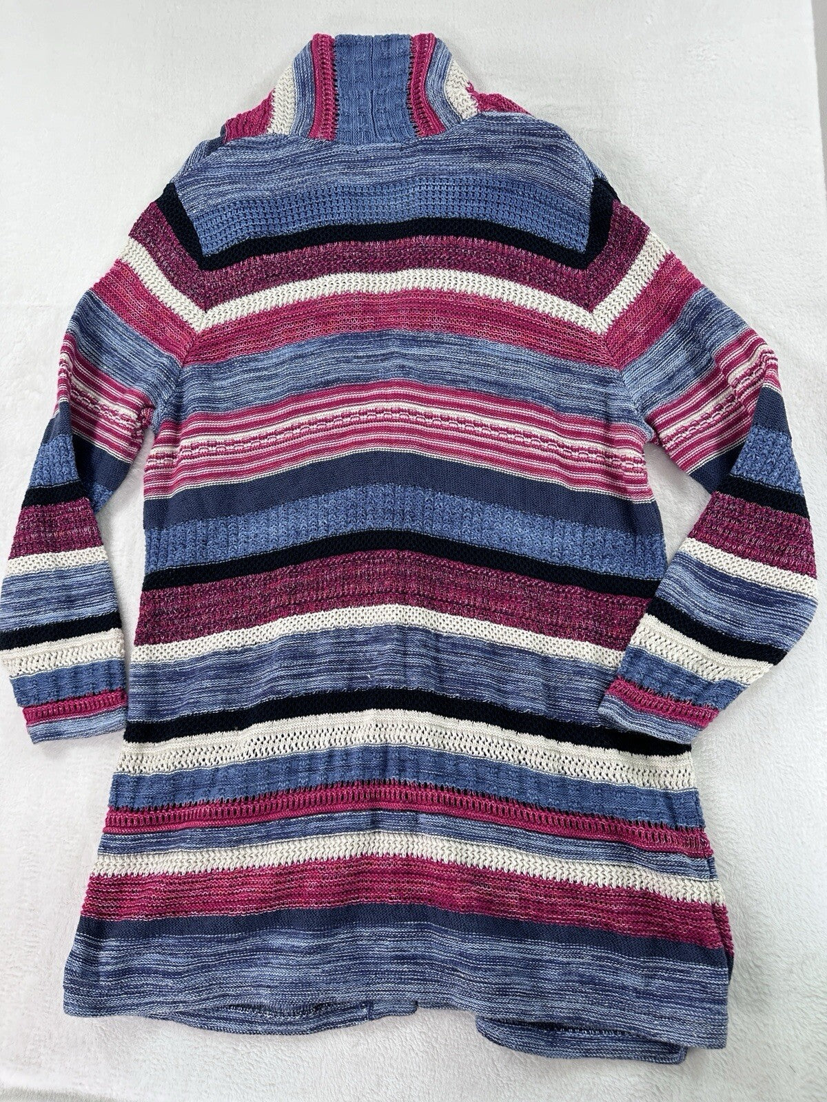 J Jill Large Petite Open Knit Cardigan Sweater Long Blue Linen Cotton Buttons