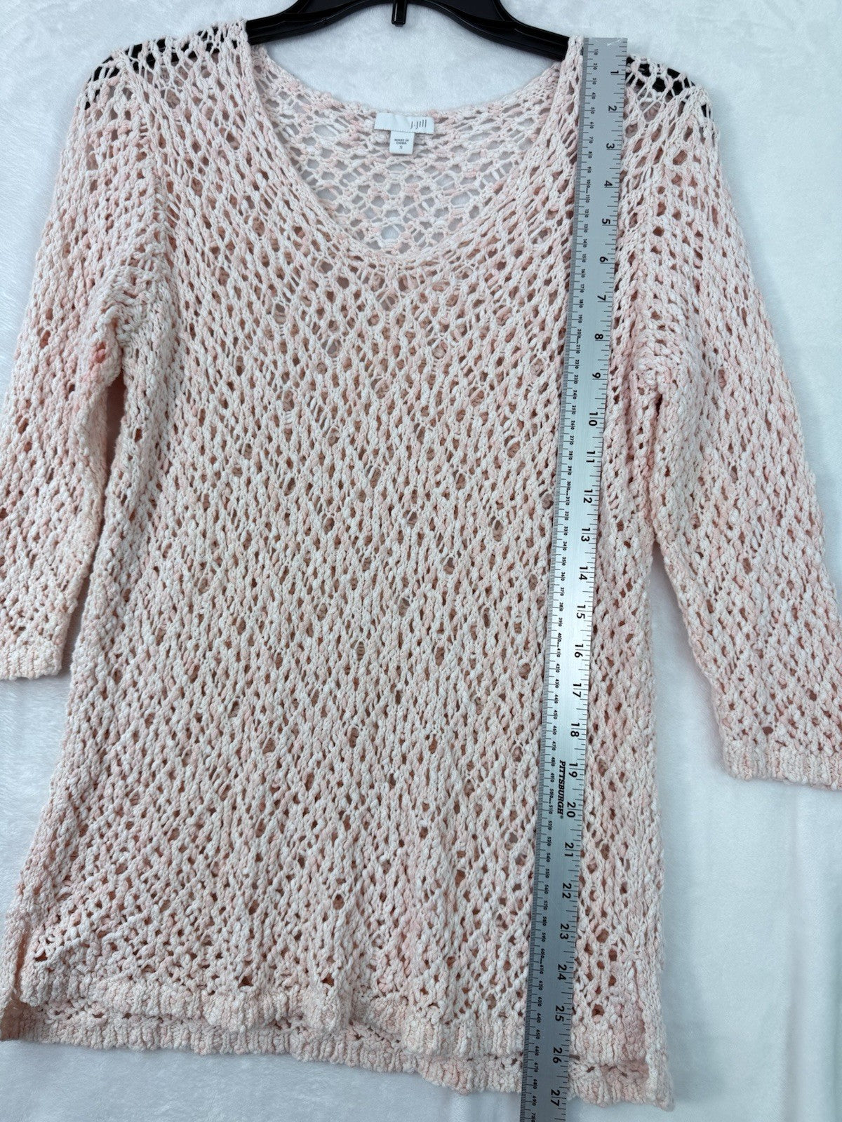 J Jill Small Pink Open Knit Sweater Crochet 100% Cotton 3/4 Sleeve Womens