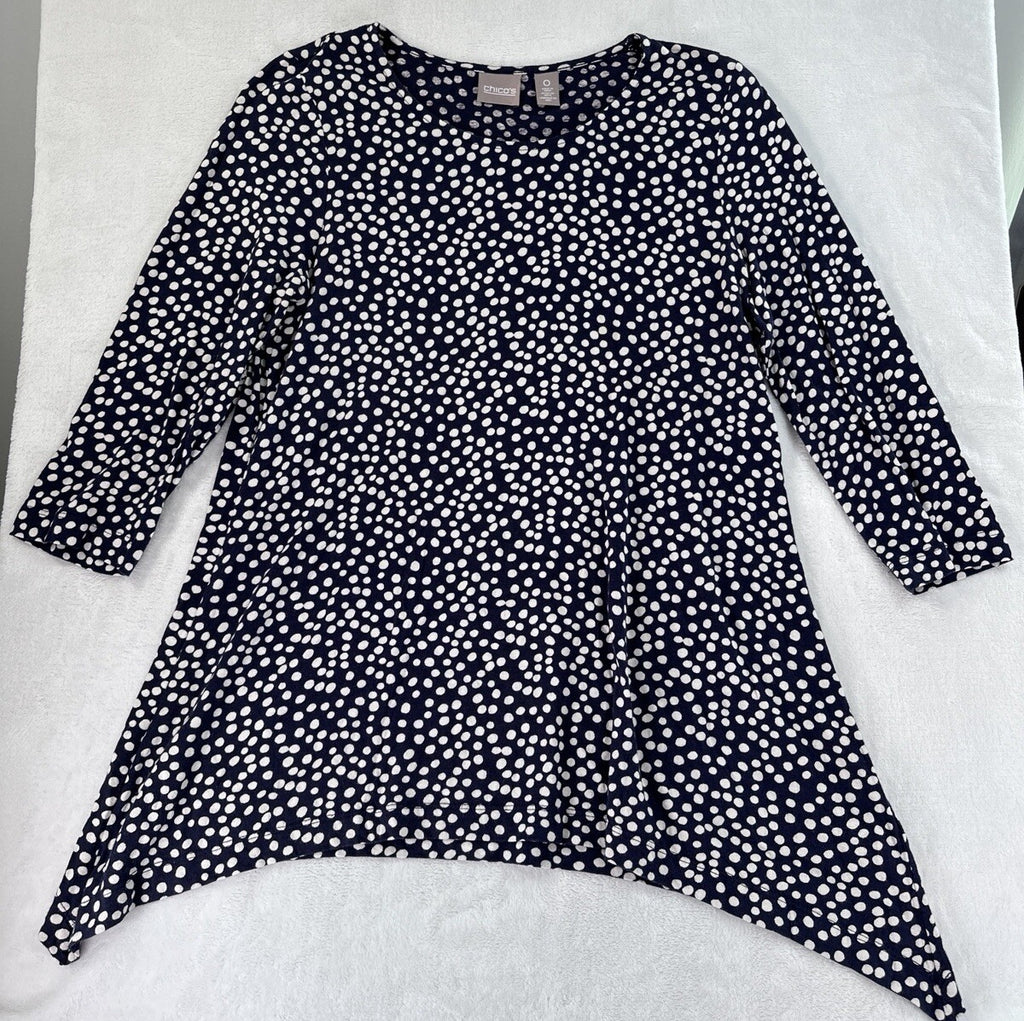 Chicos Size 0 Top Long Sleeve Blue White Polka Dots Womens Knit Modal Cotton