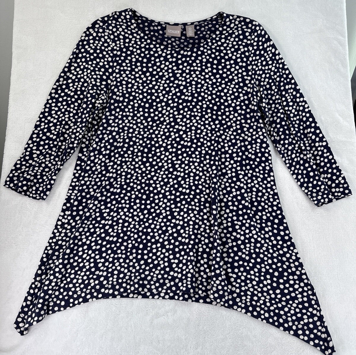 Chicos Size 0 Top Long Sleeve Blue White Polka Dots Womens Knit Modal Cotton