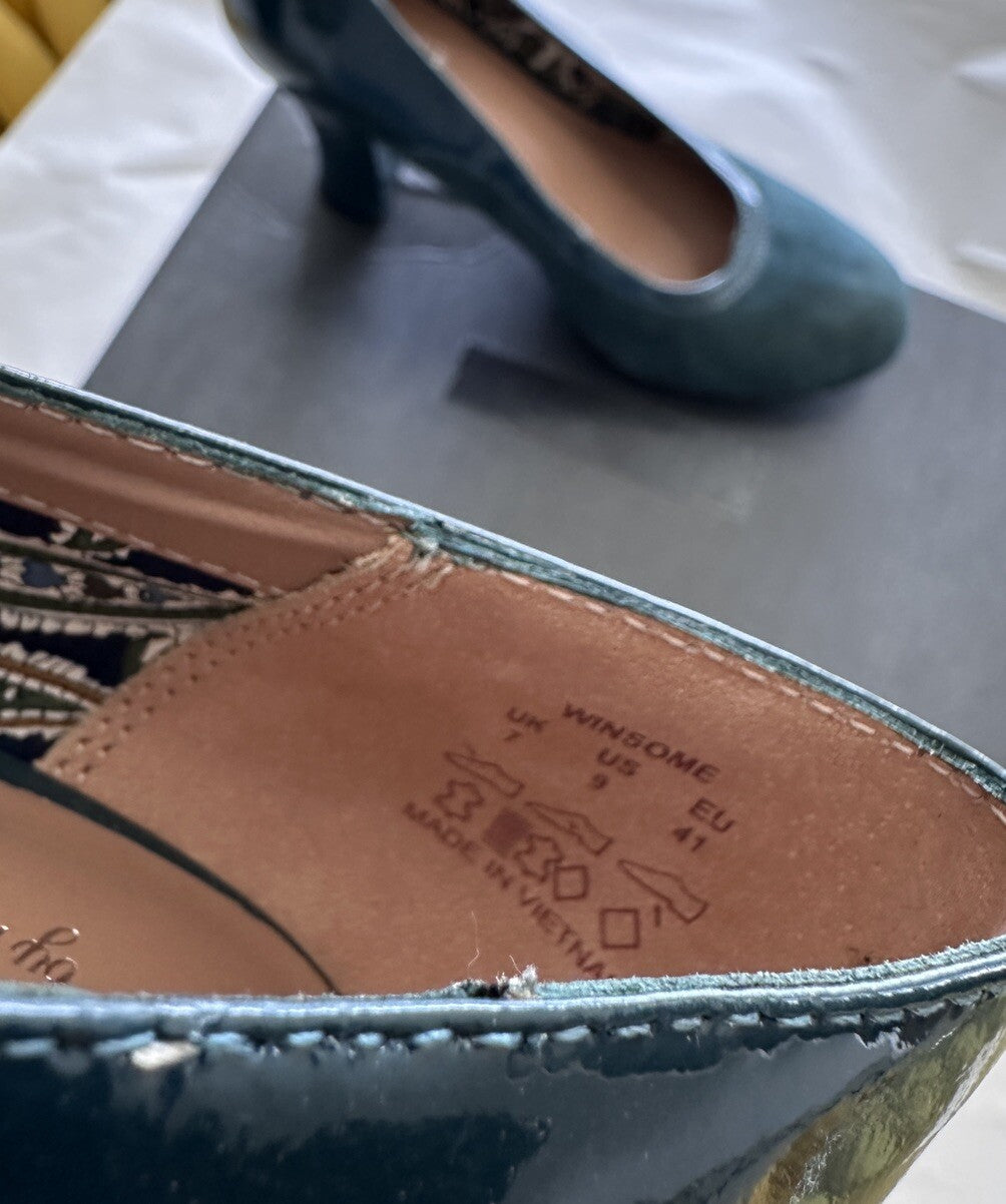 Hotter Shoes Womens US Size 9 Heels Green Suede Patent Leather Pumps UK 7