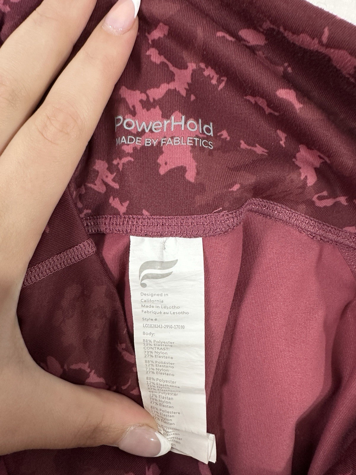 Fabletics PowerHold Leggings Small Red Camo Print Womens Power Hold Legging