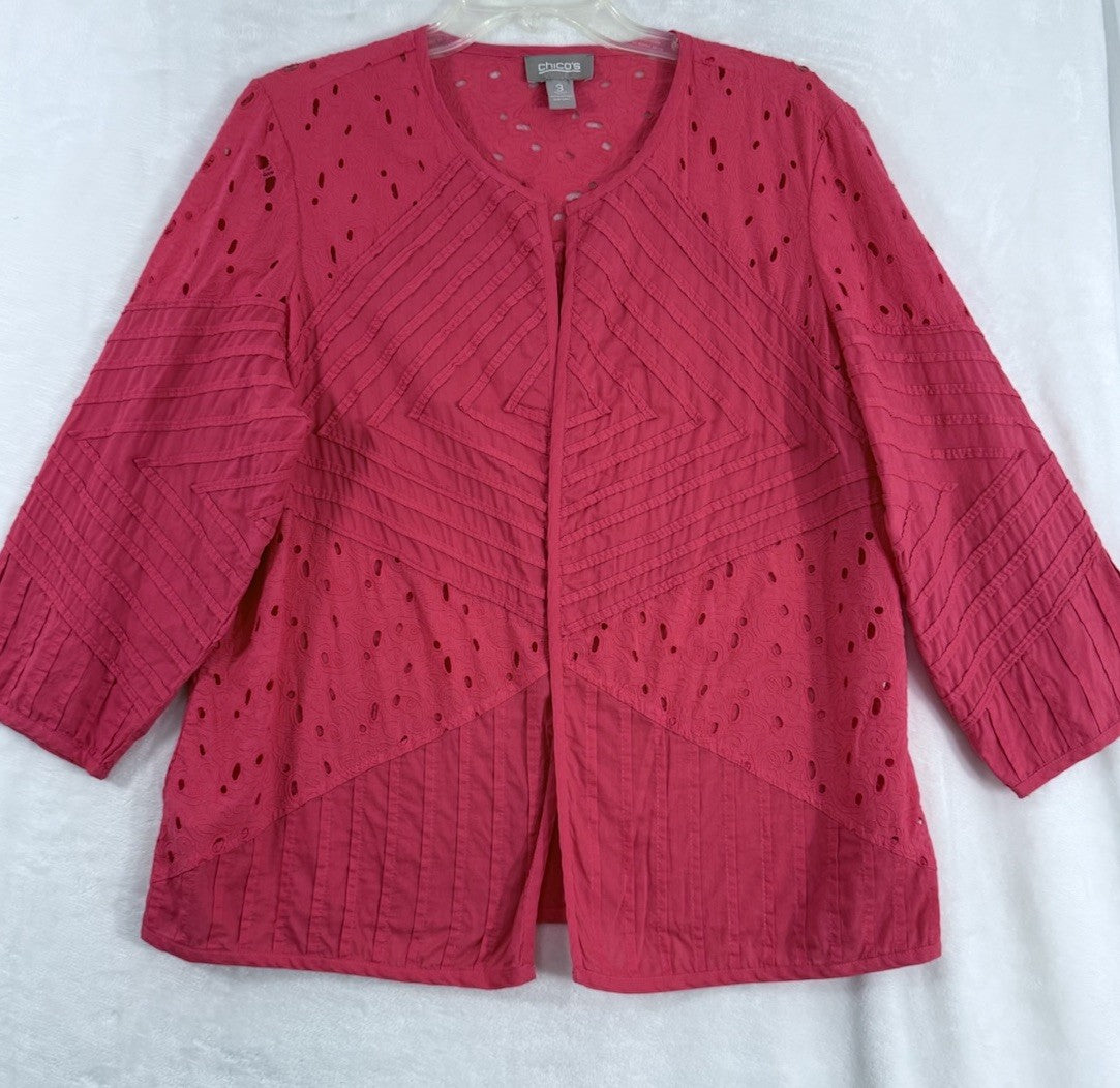 Chicos Size 3 Jacket Pink Eyelet 100% Cotton XL Womens 3/4 Sleeve Lightweight