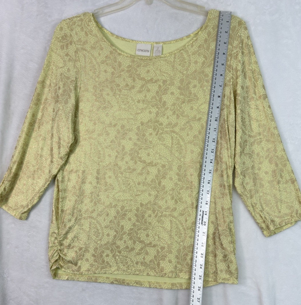 Chicos Size 2 Tops Tee 3/4 Sleeve Knit Yellow Lace Print Womens Large