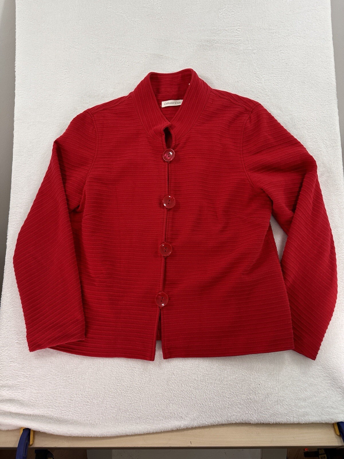 Coldwater Creek Jacket Large Red Cotton Stretch Big Buttons Mandarin Collar