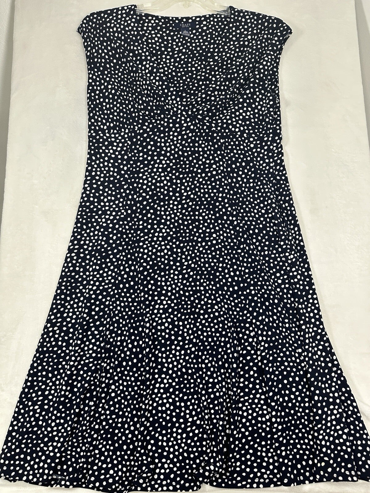 Chaps Ralph Lauren Large Dress Faux Wrap Navy Blue Polka Dot Sleeveless Womens