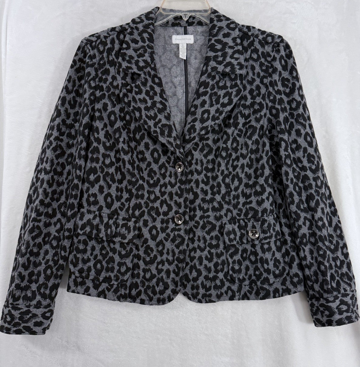Charter Club Jacket XL Blazer Black Gray Animal Cheetah Print Knit Womens