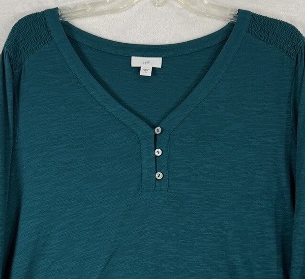 J Jill Top XL Smocked Long Sleeve Henley Tops Teal Green Womens Blouse