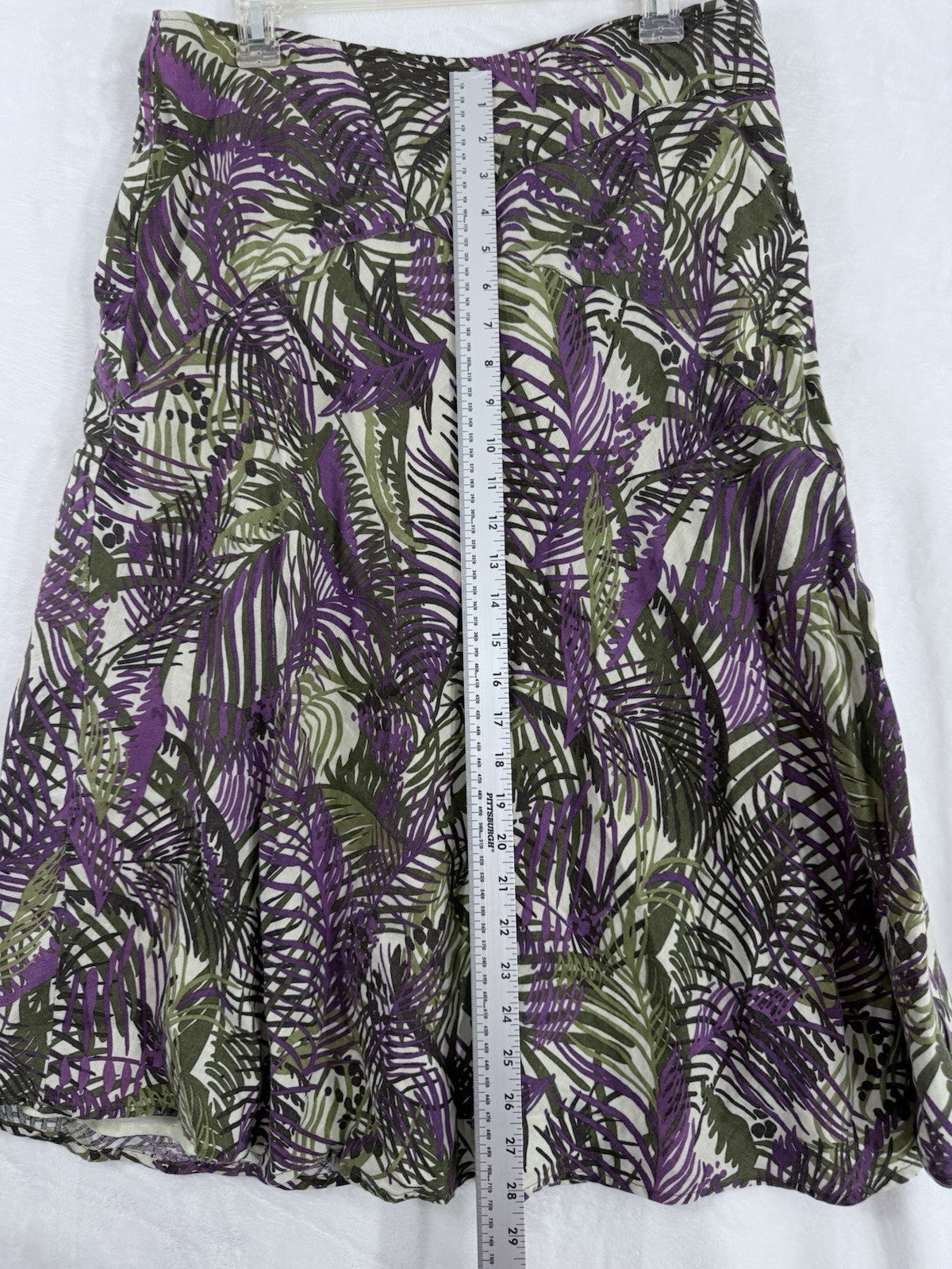 Charter Club 100% Linen Midi Skirt Purple Green Floral Print Side Zip Womens