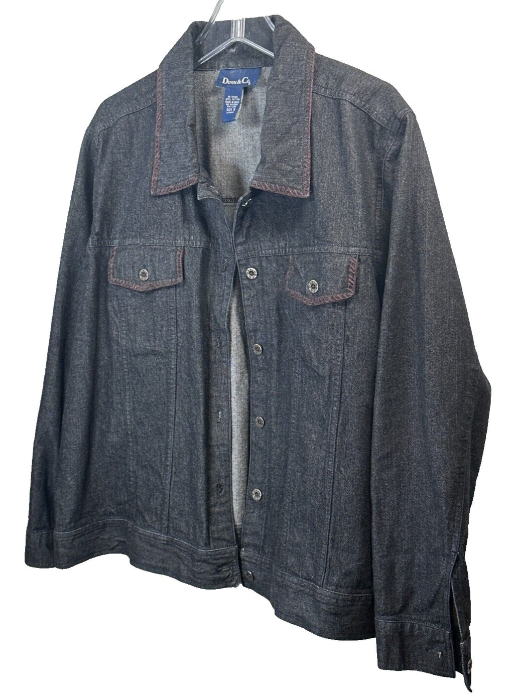 Denim & Co. Women's 1x Dark Jean Jacket Embroidered Trim Collar Plus Size EXC