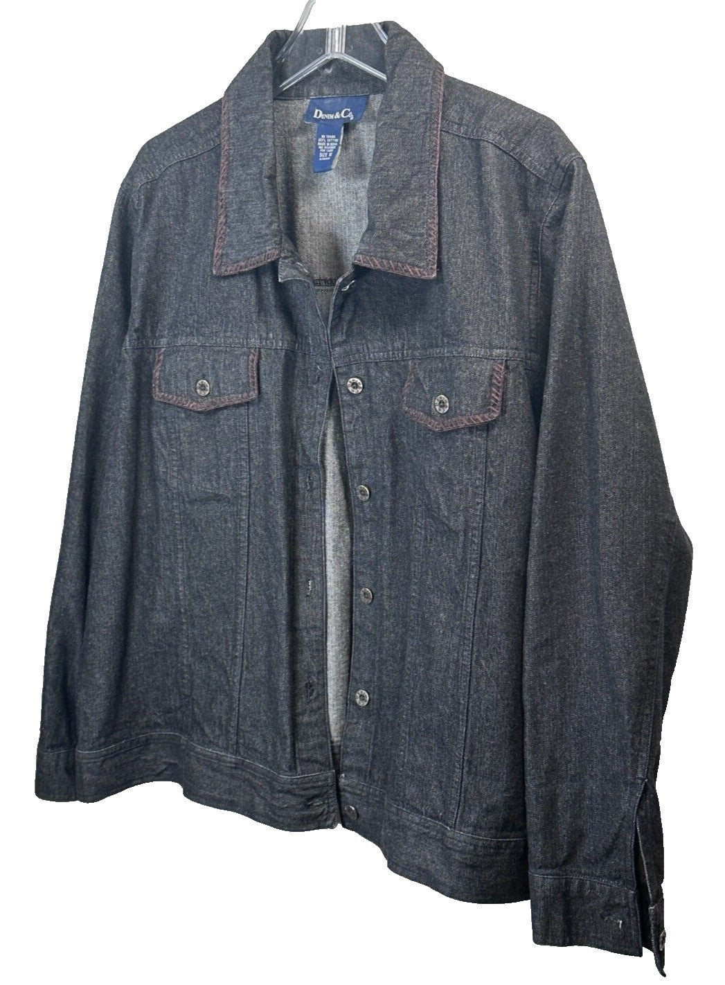 Denim & Co. Women's 1x Dark Jean Jacket Embroidered Trim Collar Plus Size EXC