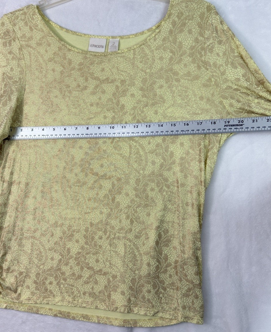Chicos Size 2 Tops Tee 3/4 Sleeve Knit Yellow Lace Print Womens Large