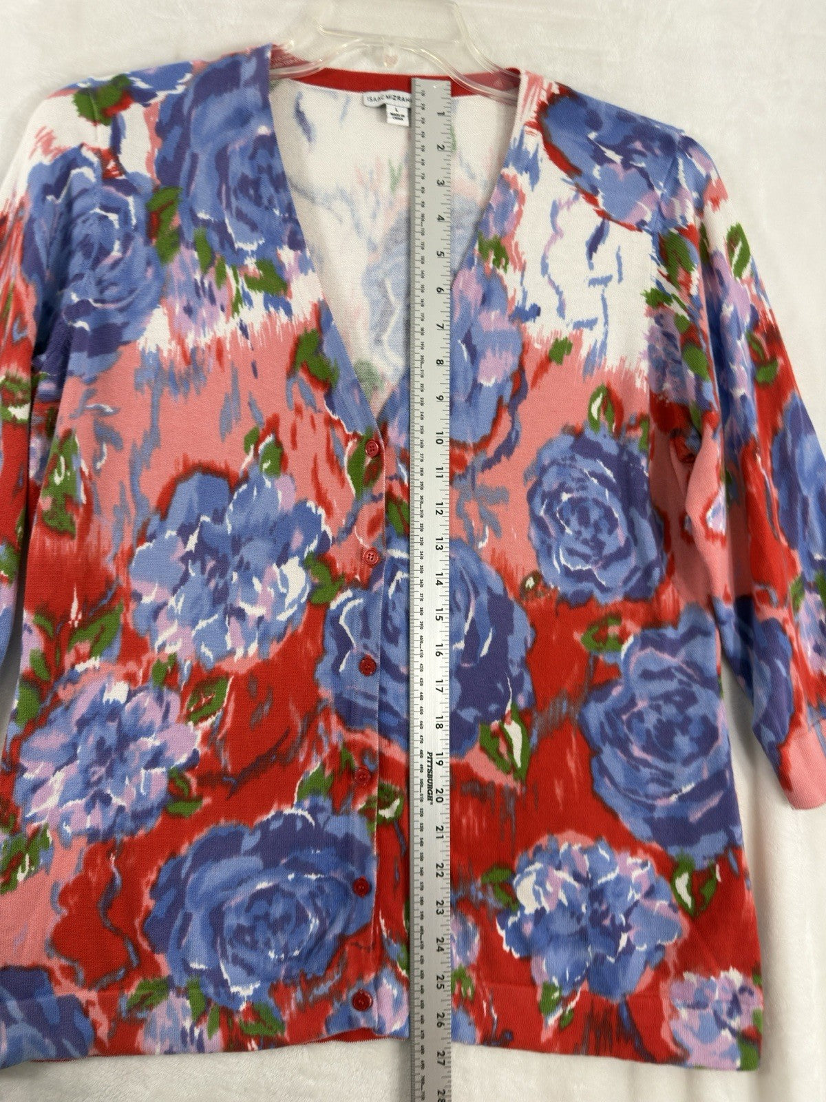 Isaac Mizrahi Cardigan Sweater Large Peony Floral Print Blue Red Top 3/4 Sleeve