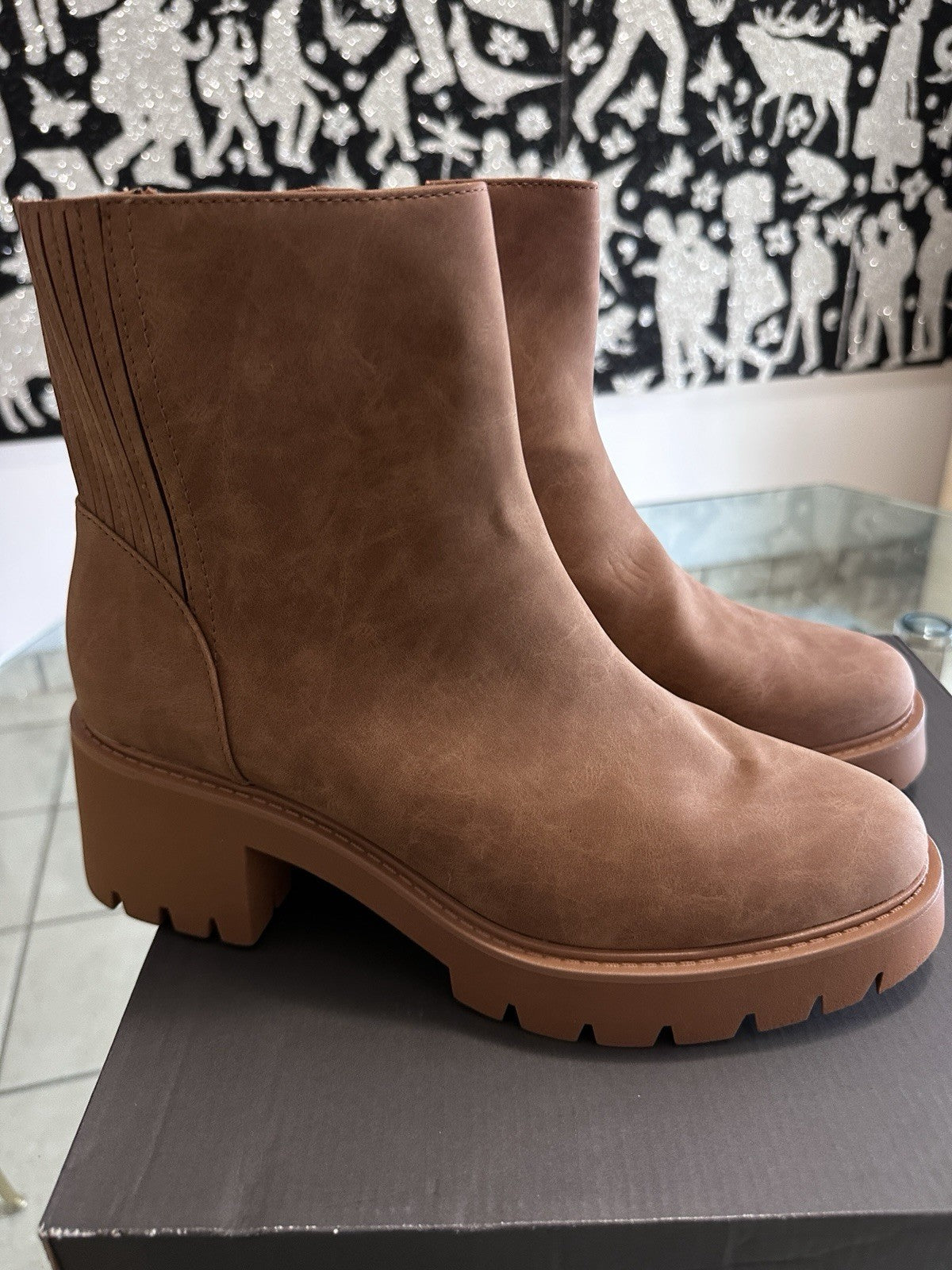 ANA Block Heel Booties 12 Womens Marie Cognac Brown Faux Suede Thick Sole Boots