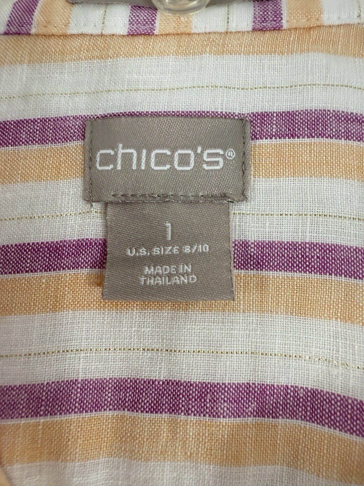 Chicos Size 1 Medium Linen Button Up Pink Striped Metallic Roll Tab Sleeve Women