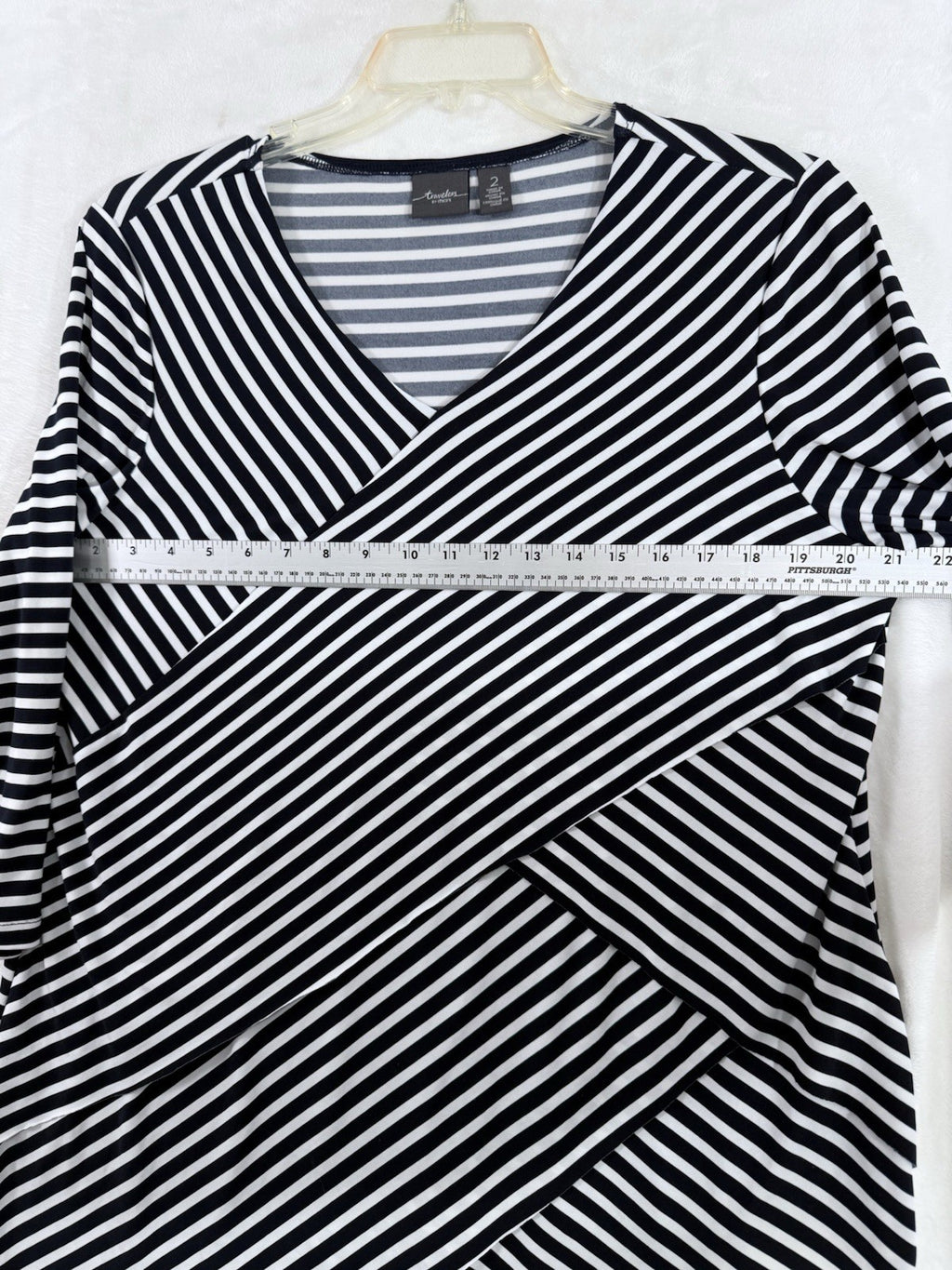 Chicos Travelers Tops Size 2 Large Navy Blue Striped Asymmetrical  3/4 Sleeve